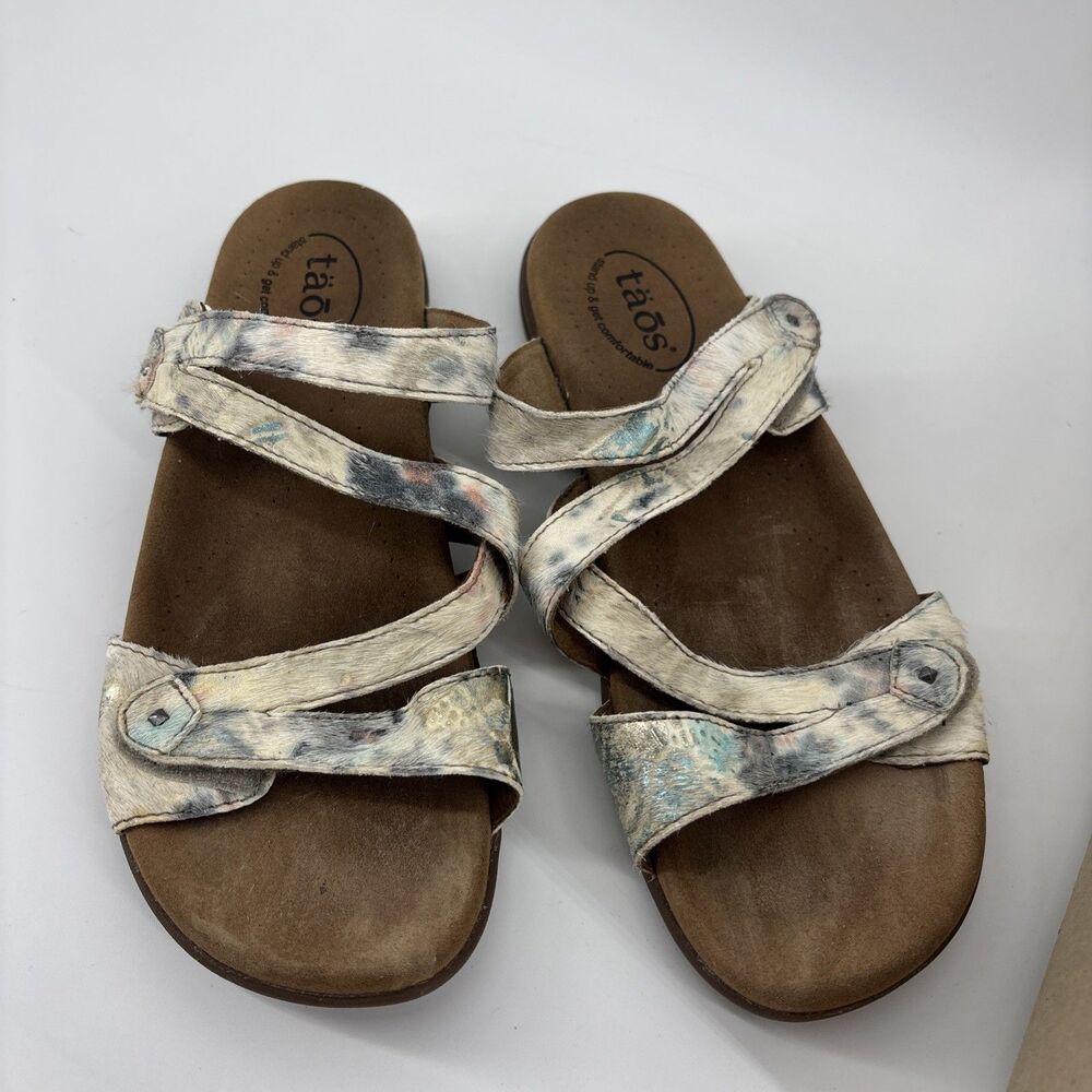 Taos Double U Sandals Womens 9 Multicolor Leather Fur Strappy Comfort Slides